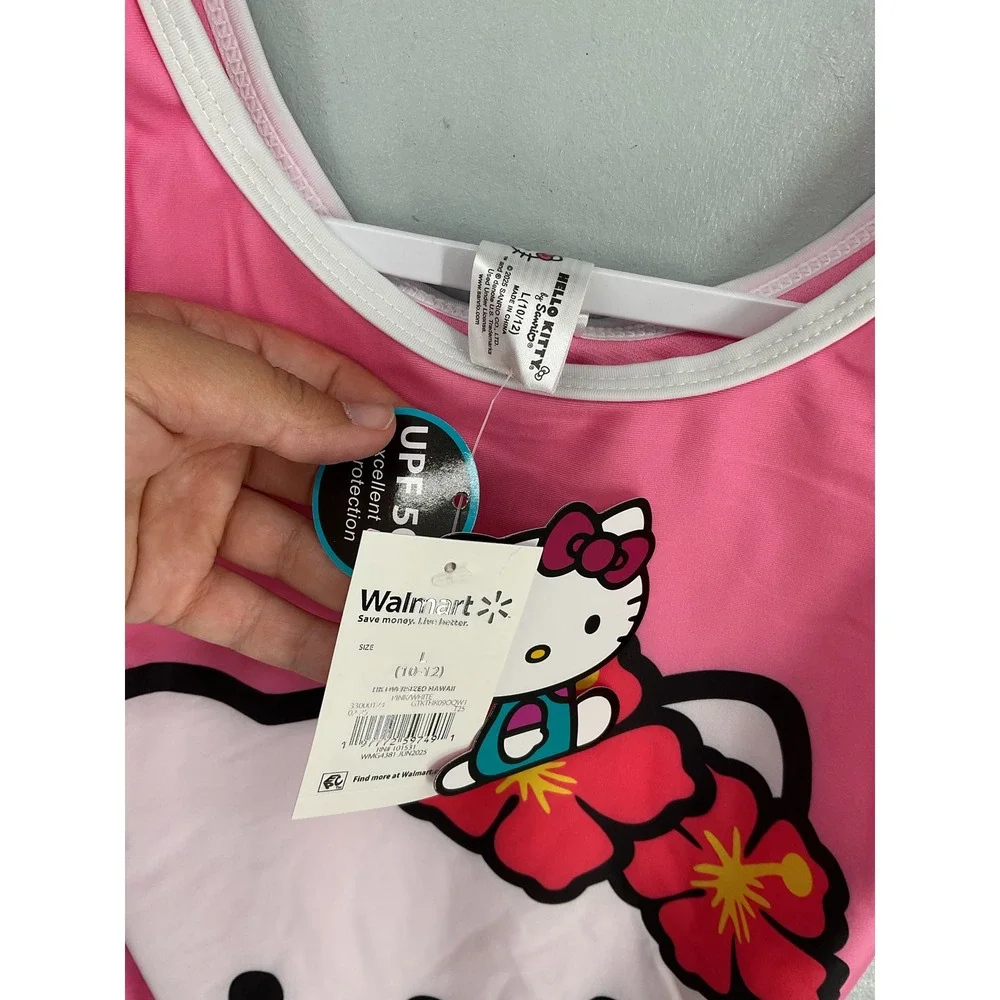 Hello Kitty Girls One Piece Swimsuit Pink Hibiscus Graphic UPF 50+ L 10-12